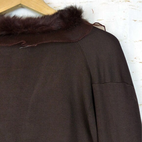 VTG Joseph A. Cardigan Women XL Brown Silk Blend Faux Fur Trim Crop Sweater Y2K - Picture 9 of 13